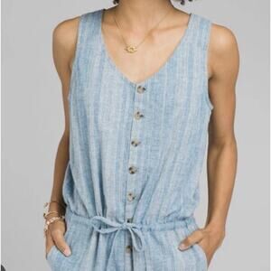 Prana Wayferers Jumpsuit Womens Size S Blue Romper Overalls Hemp Cotton Striped